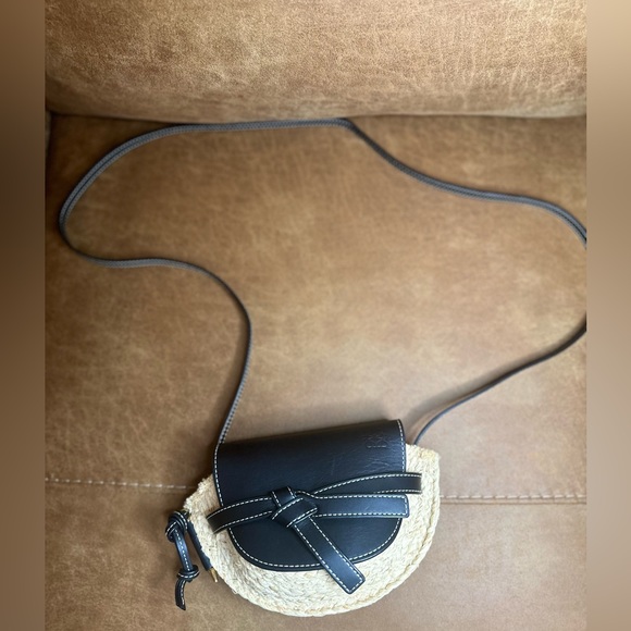 Loewe Handbags - LOEWE Calfskin Raffia Mini Gate Crossbody Bag Natural Black